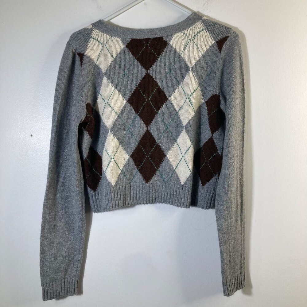 Womens American Eagle Argyle Cardigan Button Gray Brown White S - Picture 2 of 7